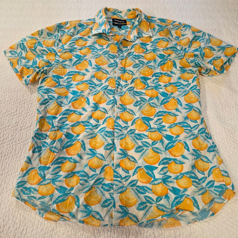 Bonobos Riviera Slim Fit Short Sleeve Shirt Large Orange Citrus Fruit Print L